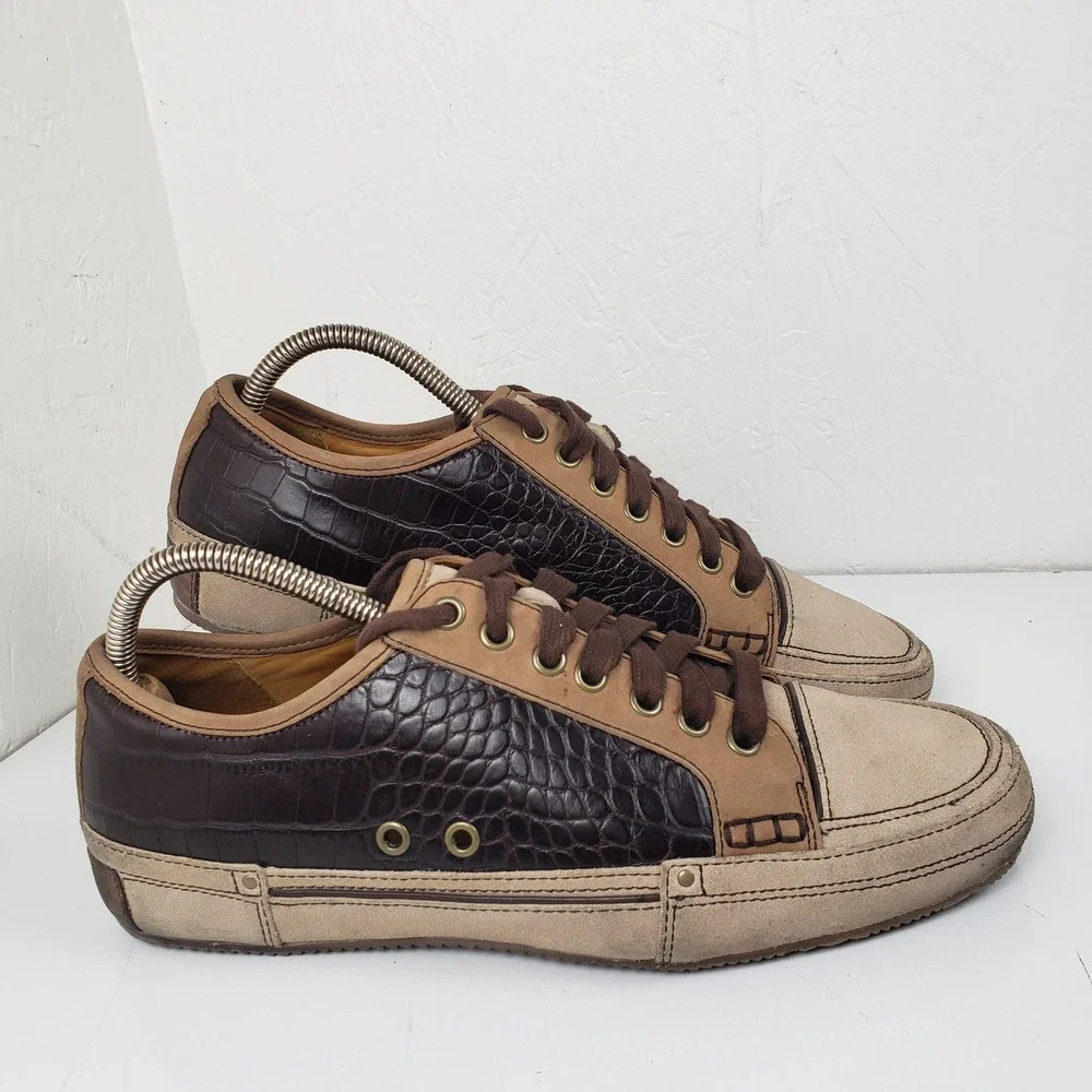 Cole Haan Men's 9 Brown Croc Embossed Leather‎ Suede Low Top Sneakers Shoes